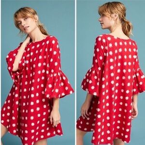 NWT Anthropologie Norblack Norwhite Polka Dot Bell-Sleeve Dress in Red Sz XS/S